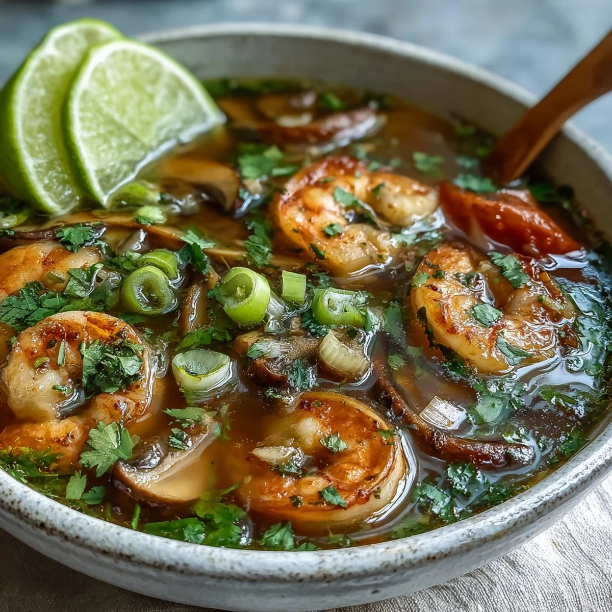 Spicy and sour Tom Yum Soup with mushrooms and tomatoes in a rich broth.