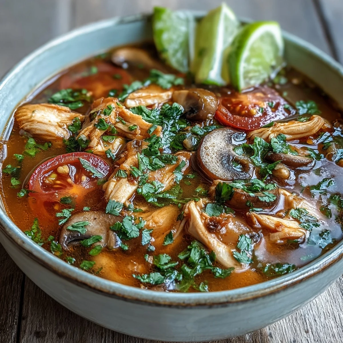 Bright red tomato wedges and tender chicken swim in a spicy Tom Yum Gai broth with fresh cilantro.