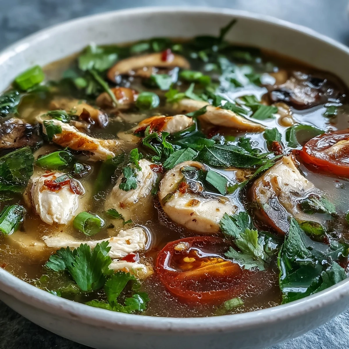 A steaming bowl of Tom Yum Chicken soup featuring tender chicken, mushrooms, and fresh herbs in a clear, aromatic broth.