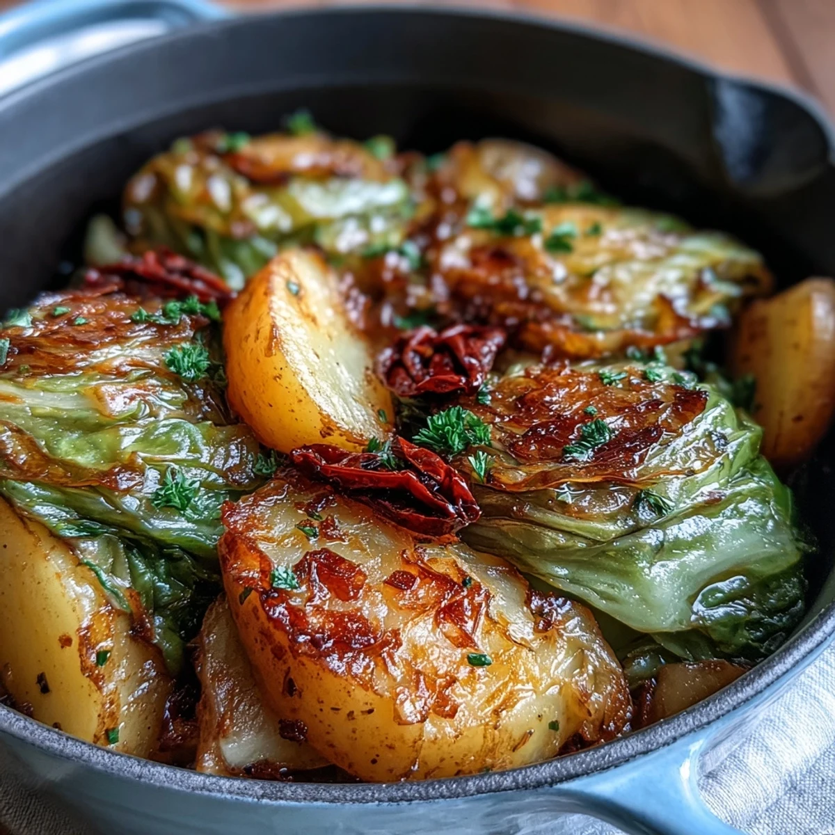 Steaming bowl of Braised Cabbage With Potatoes and Chili, topped with fresh parsley and lemon wedges.