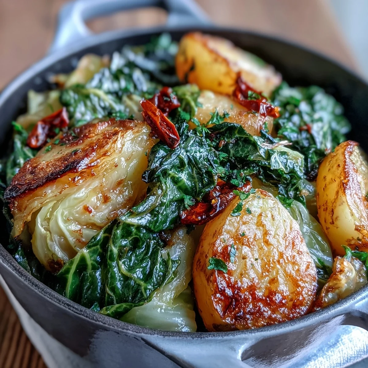 Hearty Braised Cabbage With Potatoes and Chili served beside crusty bread, perfect for a cozy weeknight dinner.