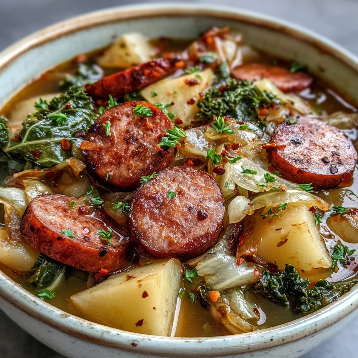 Steaming bowl of Sausage, Potato and Cabbage Soup topped with fresh parsley.