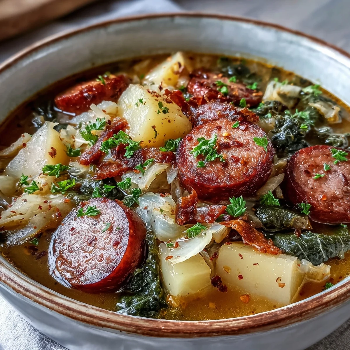 Thick slices of smoked sausage and diced potatoes in a rustic broth.