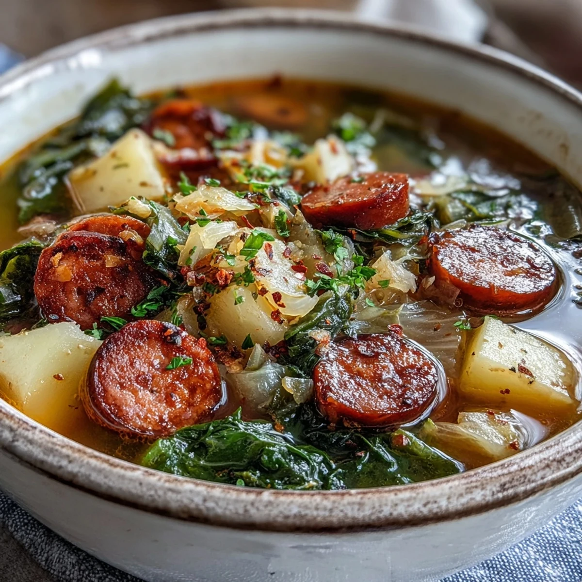Sausage, Potato and Cabbage Soup served with crusty bread and sour cream.