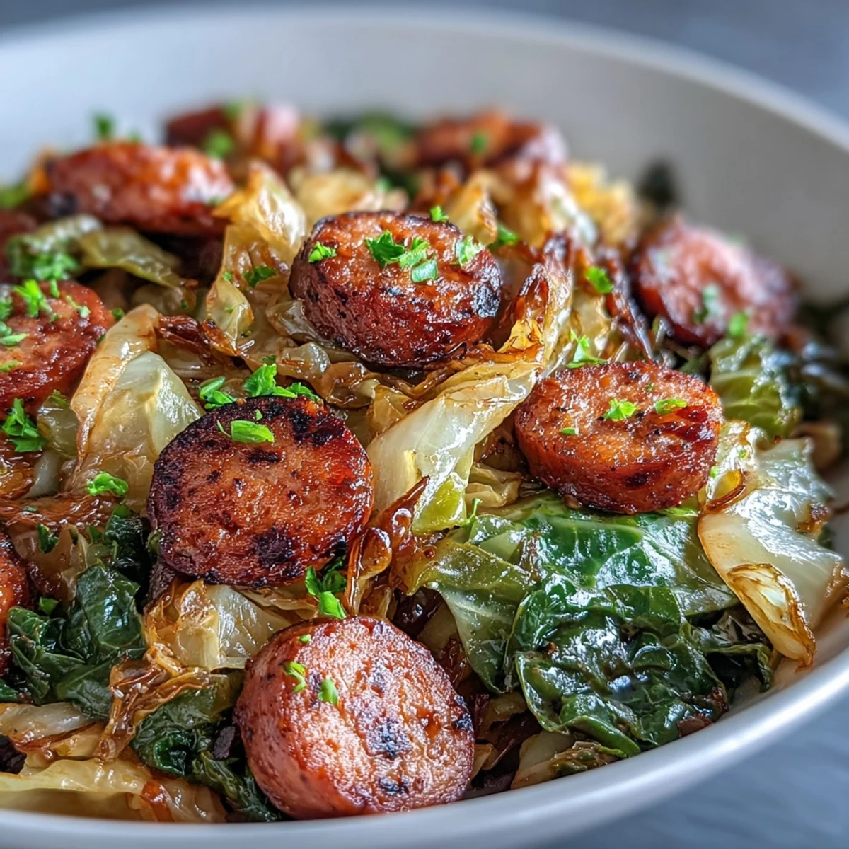 Smothered Cabbage With Sausage Skillet with tender, caramelized cabbage and smoky, browned sausage slices in a pan.