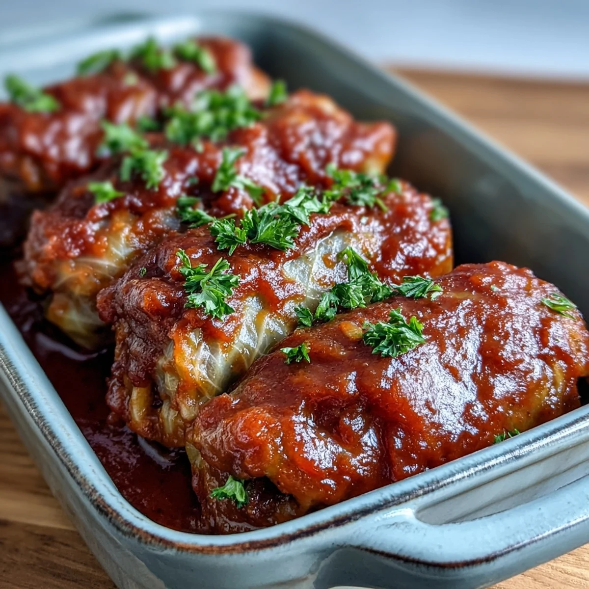 Golden-baked Cabbage Rolls with rich tomato sauce, garnished with fresh parsley, served on a rustic plate.