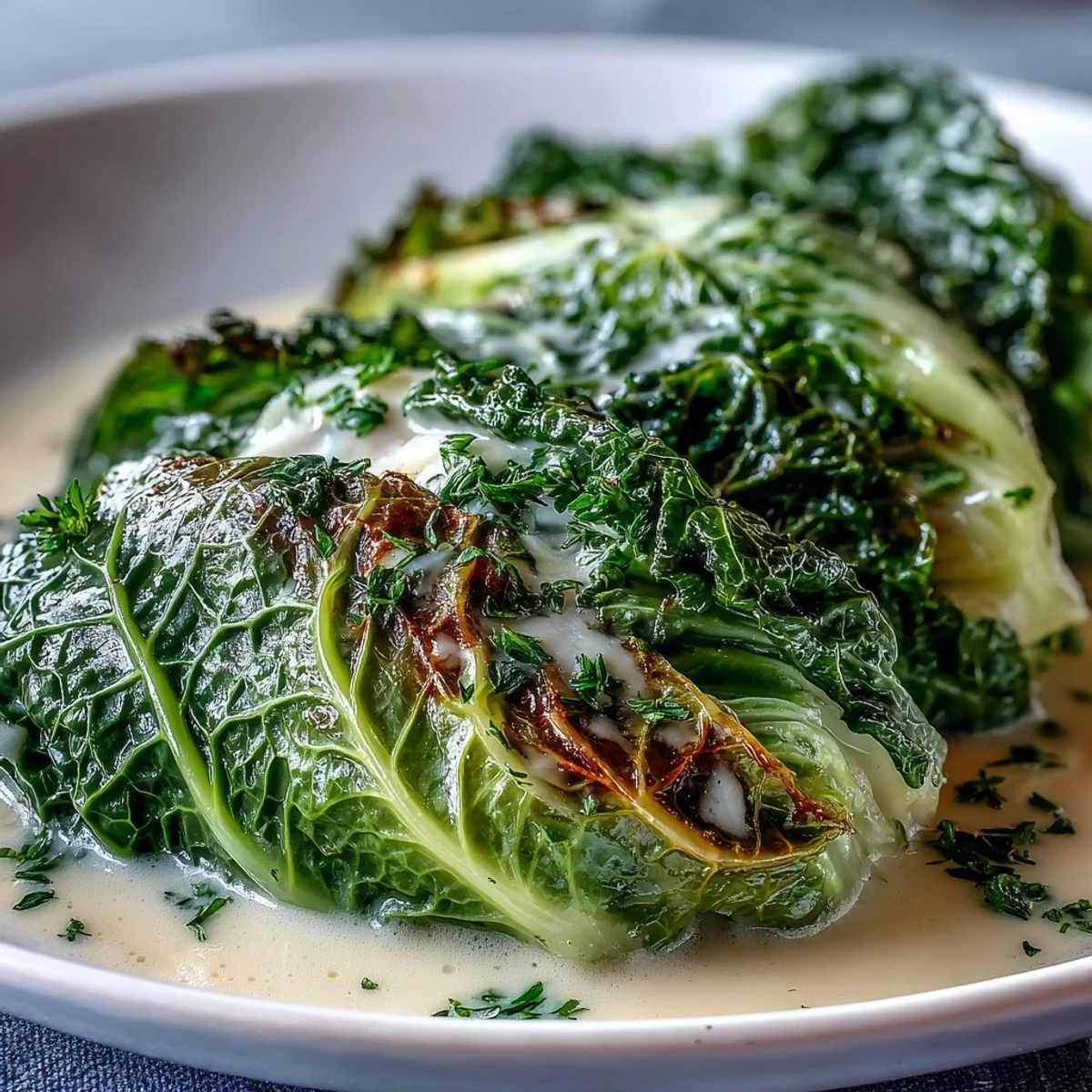 Tender green cabbage wedges simmered in a creamy Parmesan broth, garnished with fresh herbs in a shallow bowl.