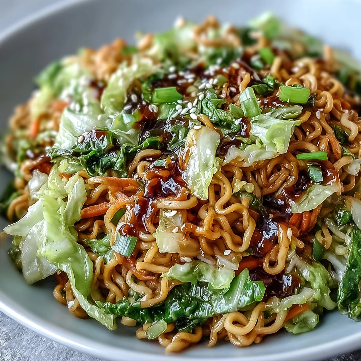 Quick weeknight Fried Cabbage Ramen, featuring crunchy cabbage, carrots, and savory sesame ginger sauce tossed with noodles.