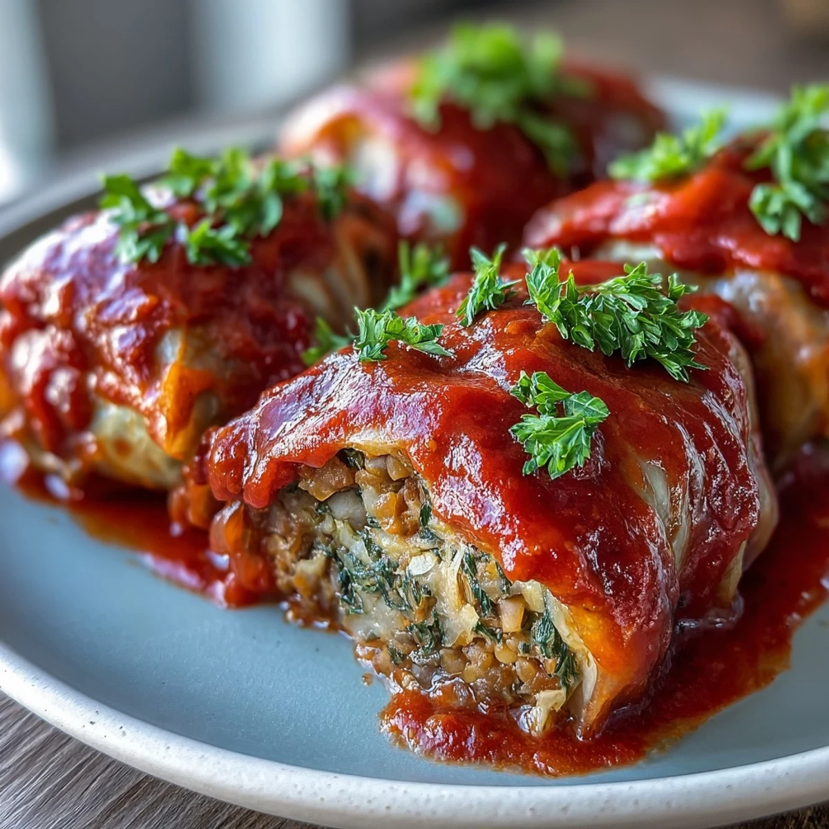 Delicious Baked Vegan Cabbage Rolls are served on a white plate alongside crusty artisan bread and a light salad.