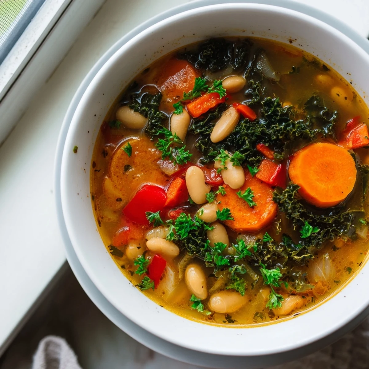 A bowl of Mediterranean White Bean Stew featuring tender beans, carrots, and kale in a rich, spiced tomato broth.