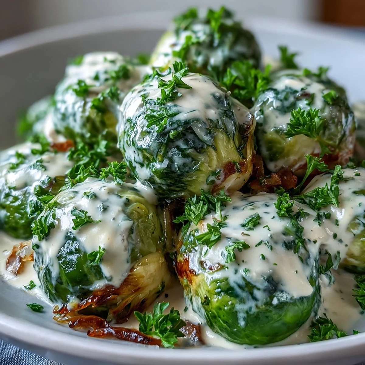 Tender Brussels sprouts coated in rich cream cheese and Dijon mustard sauce with garlic and onion, ready to serve.