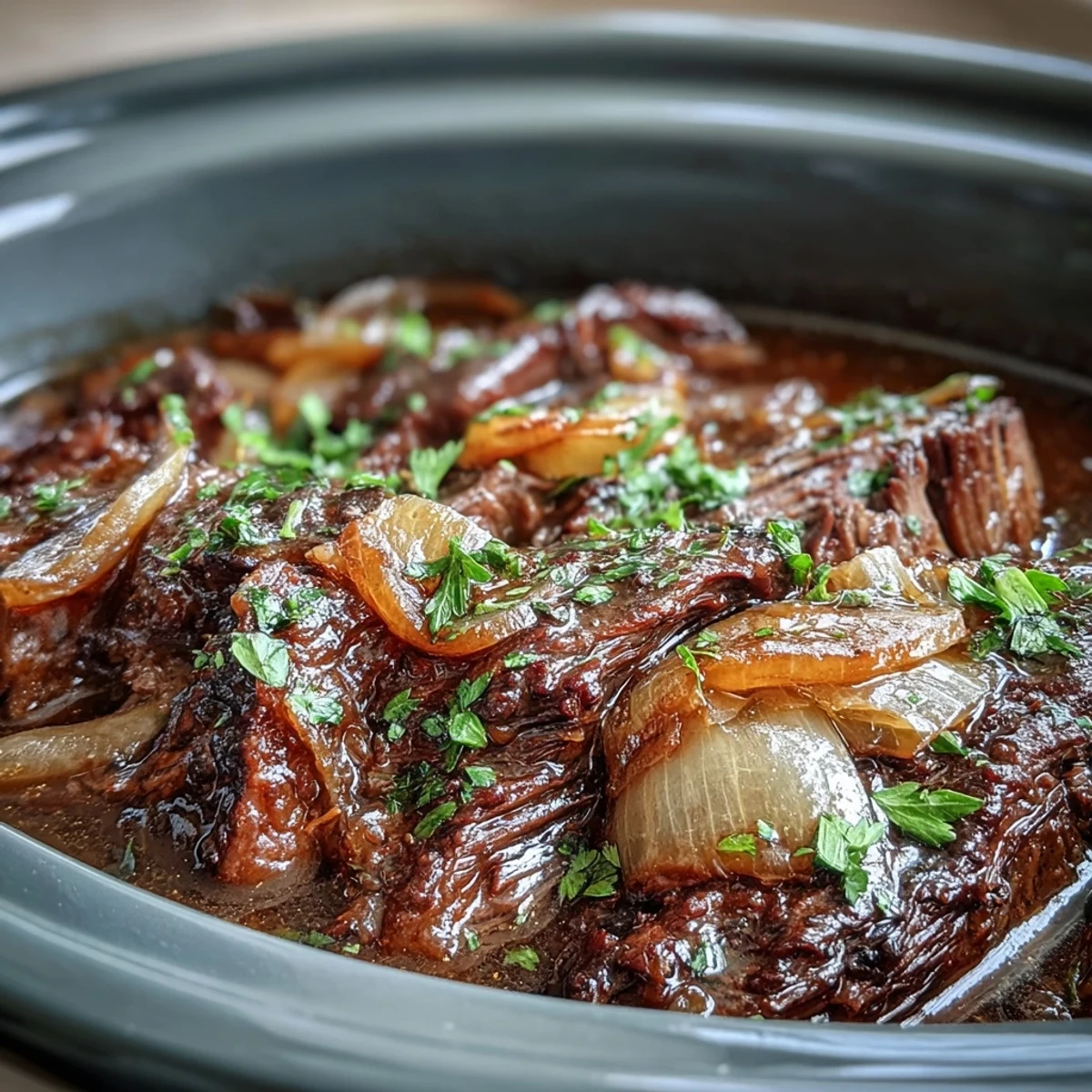 Hearty Savory Crock Pot French Onion Pot Roast bubbling in the slow cooker, served over creamy mashed potatoes with fresh parsley garnish.
