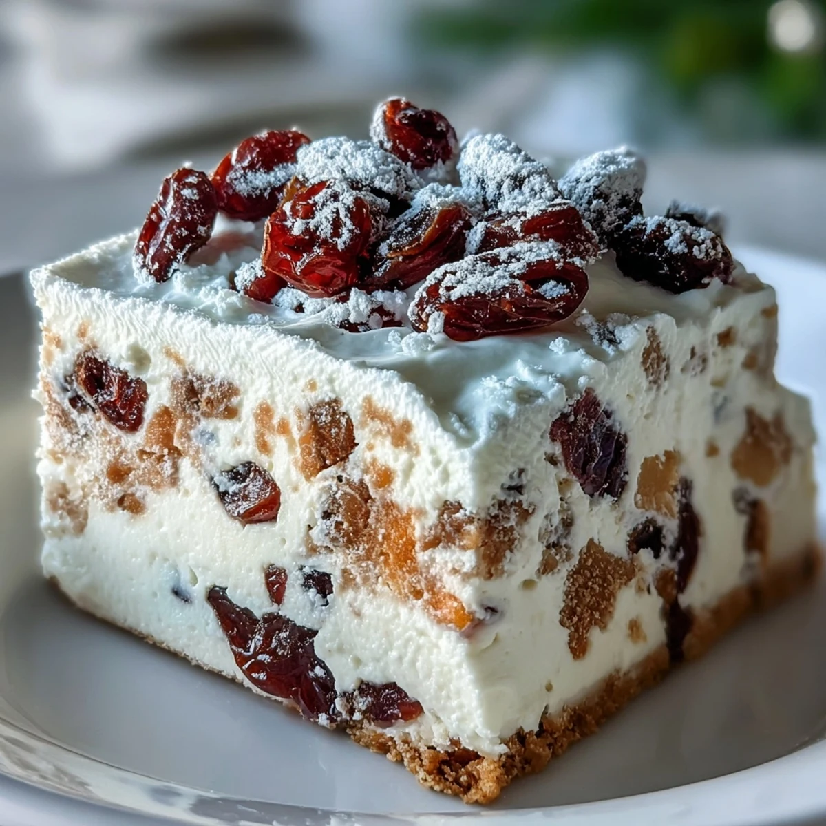 Sliced Christmas Cheesecake Slab showing crunchy biscuit base and ruby dried fruits, ideal for a holiday dessert buffet or party.