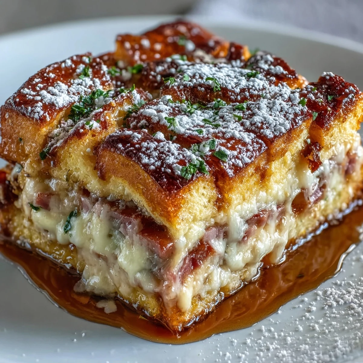 Freshly baked Monte Cristo Breakfast Casserole with golden brown top, powdered sugar, and maple syrup drizzle, served warm.