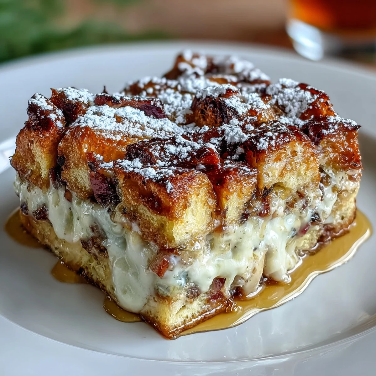 Monte Cristo Breakfast Casserole baked in dish, dusted with powdered sugar, ready for brunch with fresh berries on side.