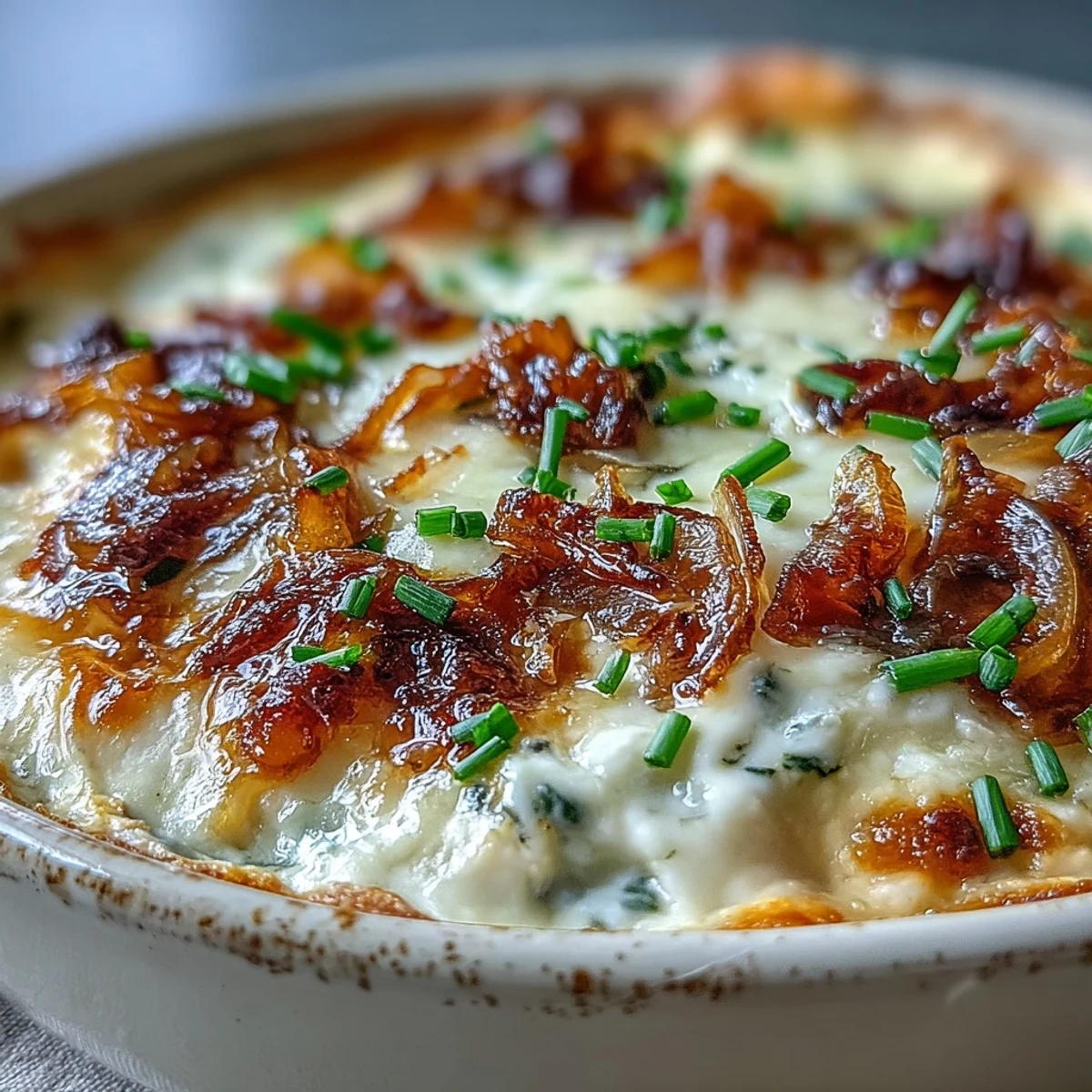 The rich, creamy texture of Smoked Gouda & Onion Dip is visible, featuring caramelized onions and melted cheese in a rustic baking dish.