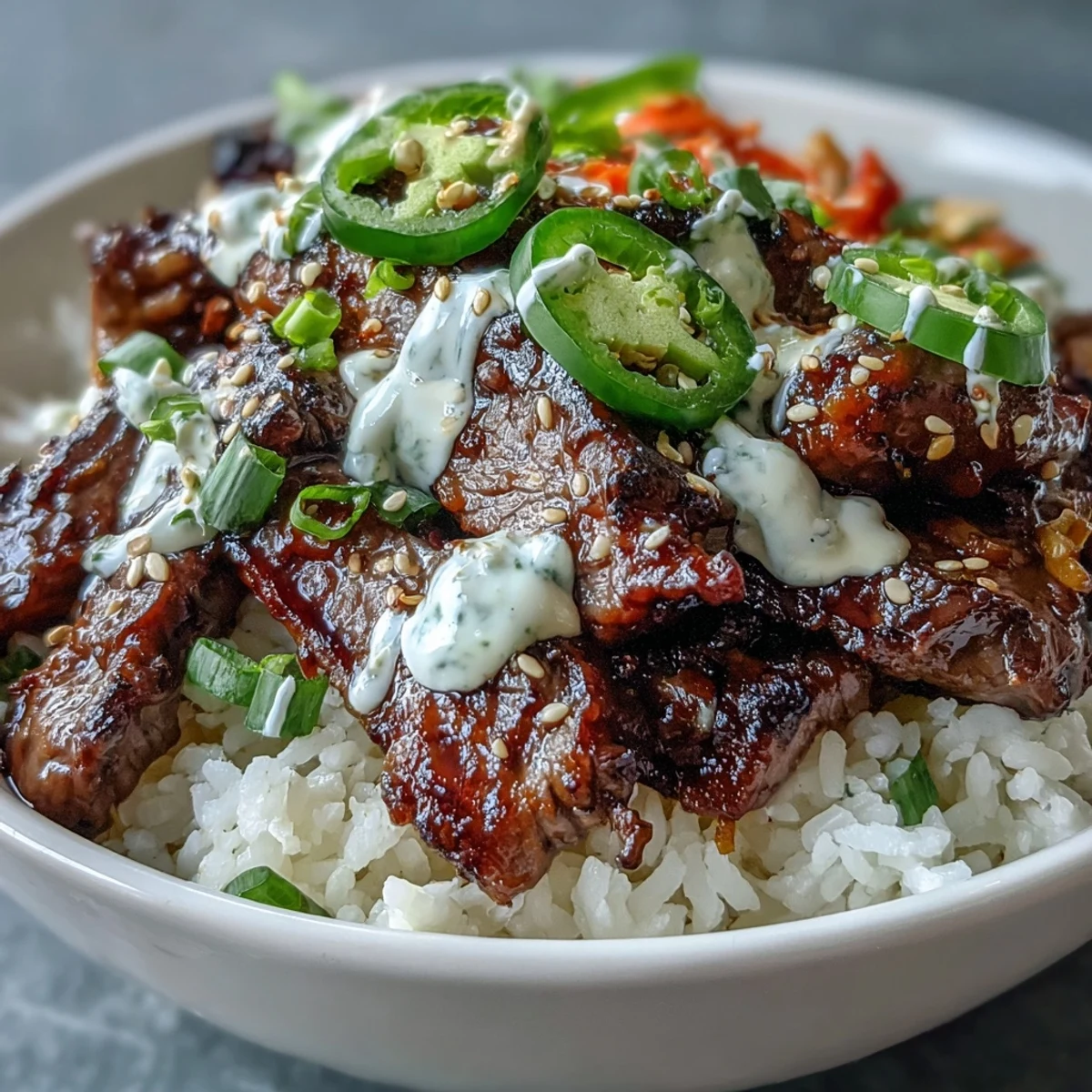 Flavorful Korean Beef Power Bowl with tender beef, tangy pickled carrots, fresh jalapeños, and a creamy sriracha mayo drizzle, arranged for a balanced meal.