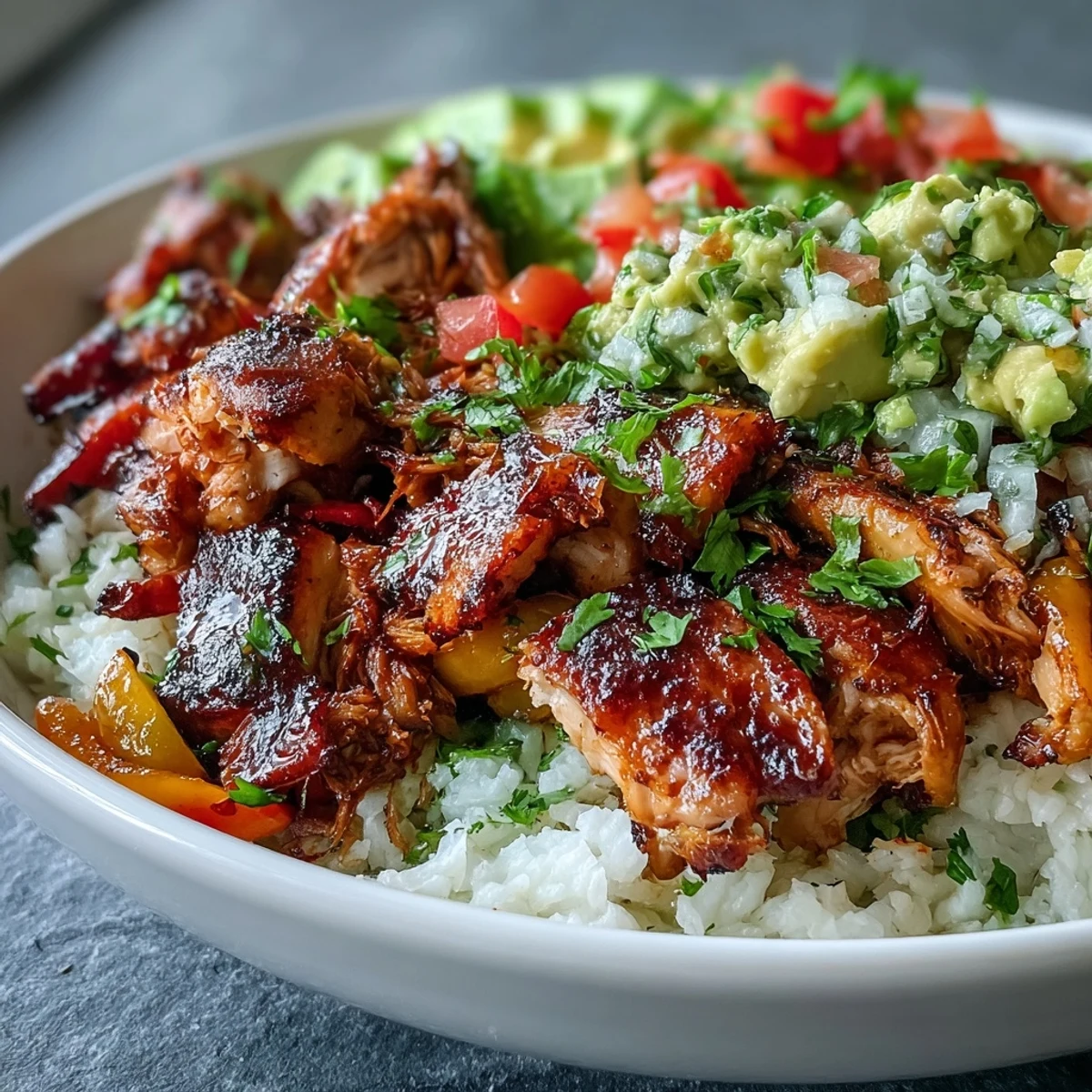 Golden roasted chicken and charred veggies fill this hearty Sheet Pan Chicken Tinga Bowl, topped with zesty avocado salsa and served over steamed rice.
