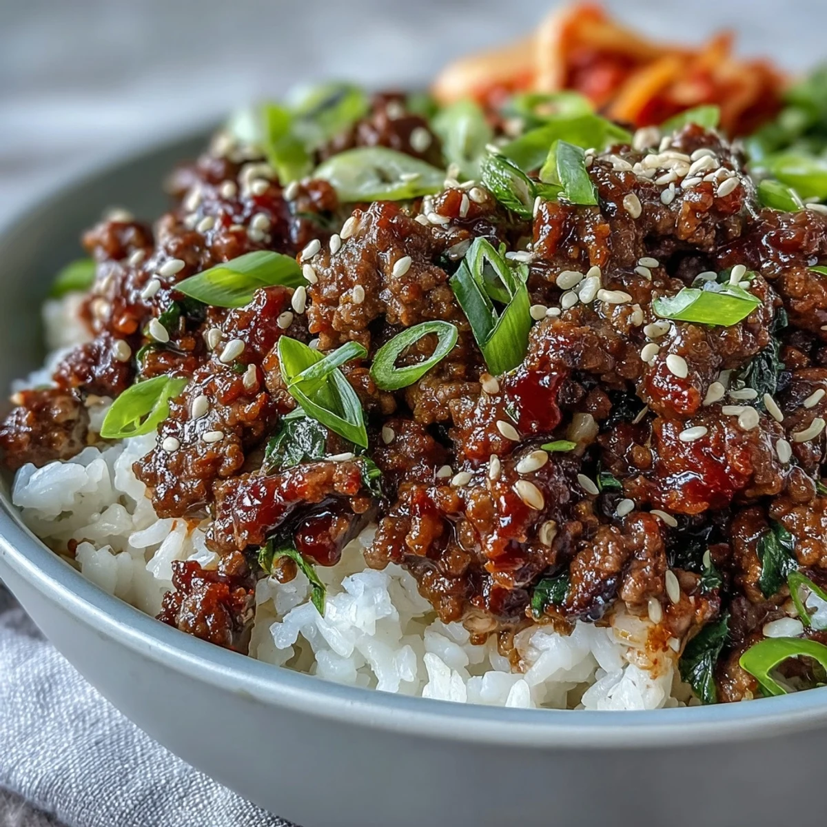 Sizzling Korean Ground Beef Bowl topped with fresh cucumbers and green onions, served alongside spicy kimchi for extra zest.