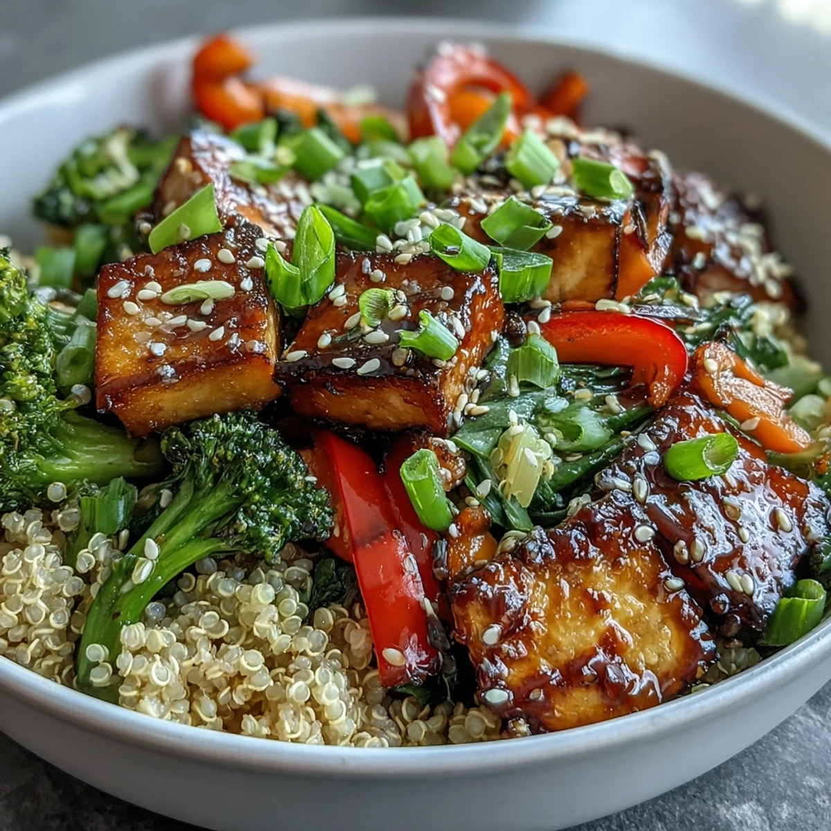 Fluffy quinoa topped with crispy tofu and colorful vegetables in a glossy teriyaki sauce, sprinkled with sesame seeds.