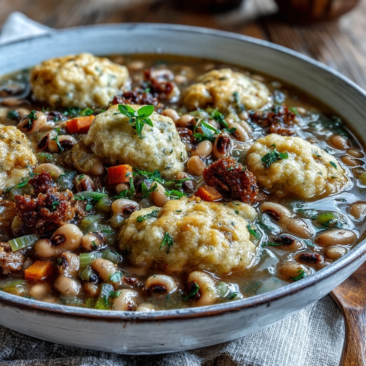 Steamy Black-Eyed Peas and Sausage Dumplings in a rustic Dutch oven, the fluffy dumplings peeking out from the savory Southern stew. 