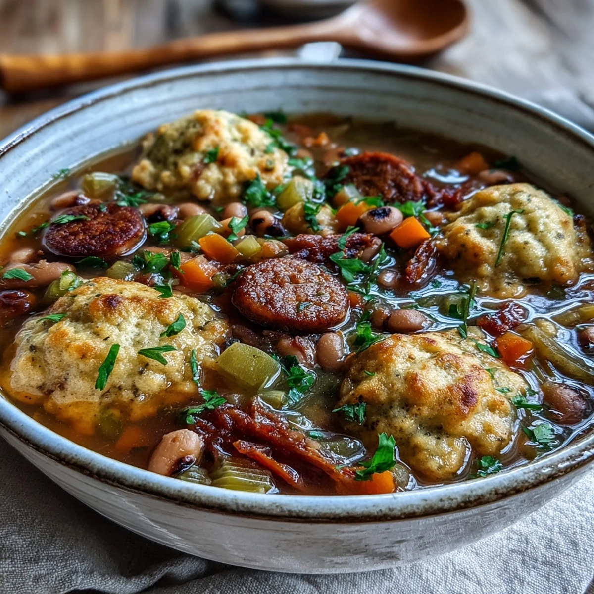 A close-up of golden dumplings resting on thick Black-Eyed Peas and Sausage Dumplings, with smoked sausage and tender vegetables visible.