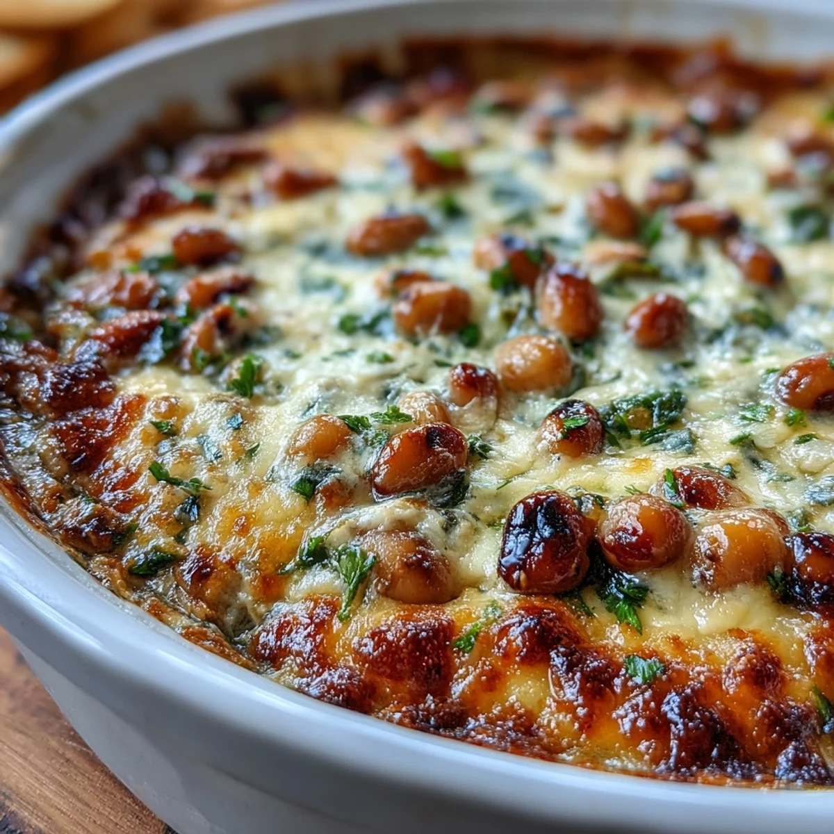 Creamy Hot Black-Eyed Pea Dip topped with melted cheddar, chopped green onions, and pickled jalapeños.
