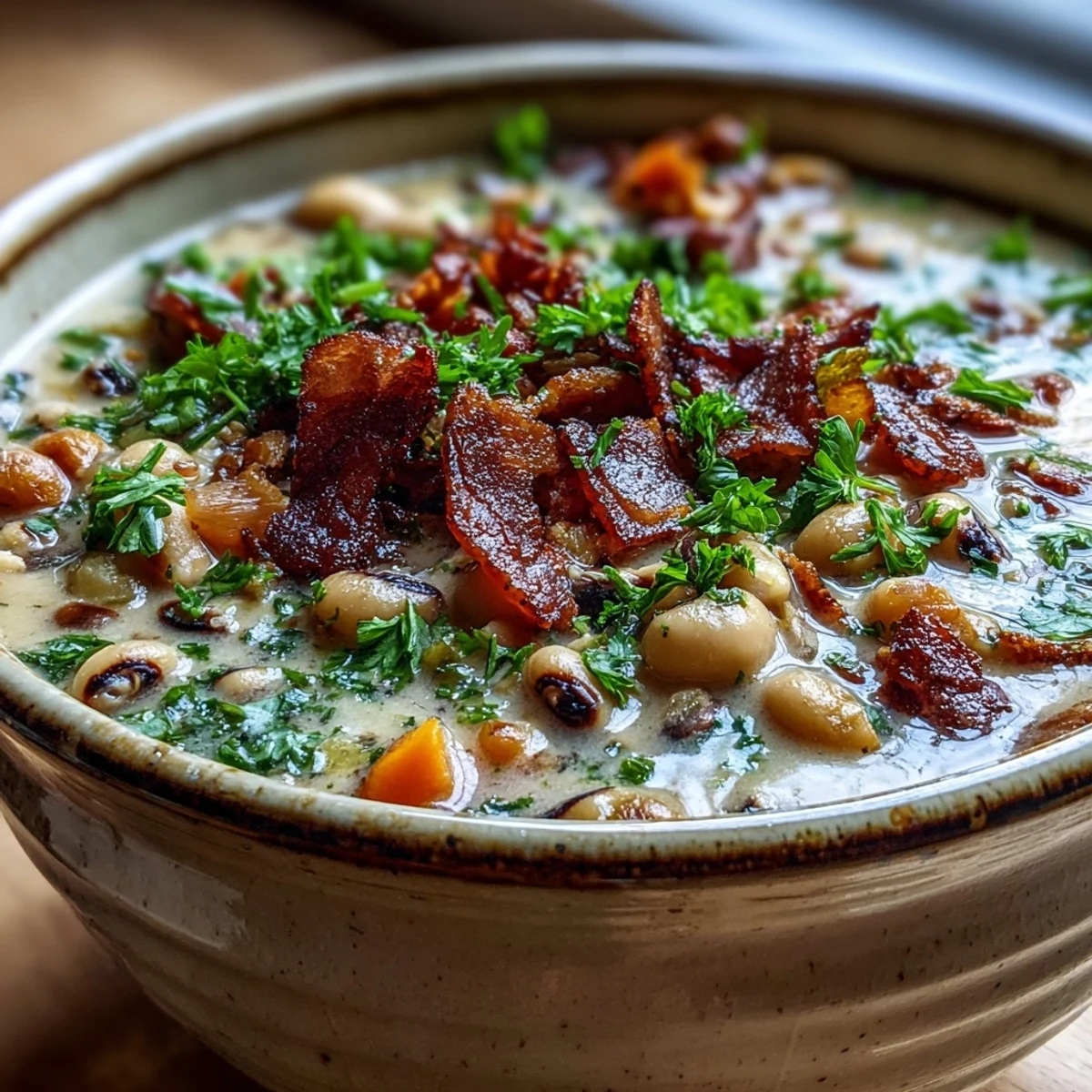 A bowl of Black-Eyed Peas and Bacon Soup topped with fresh parsley and crispy bacon bits, steaming gently.