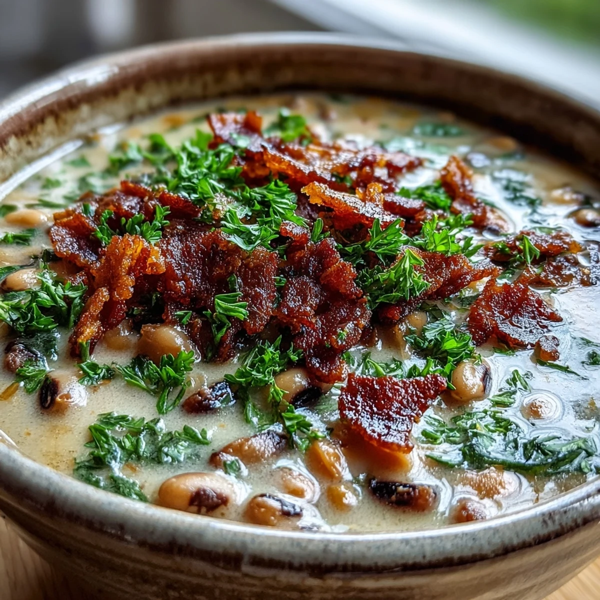 Close-up of Black-Eyed Peas and Bacon Soup showing tender peas, diced carrots, and smoky bacon in broth.
