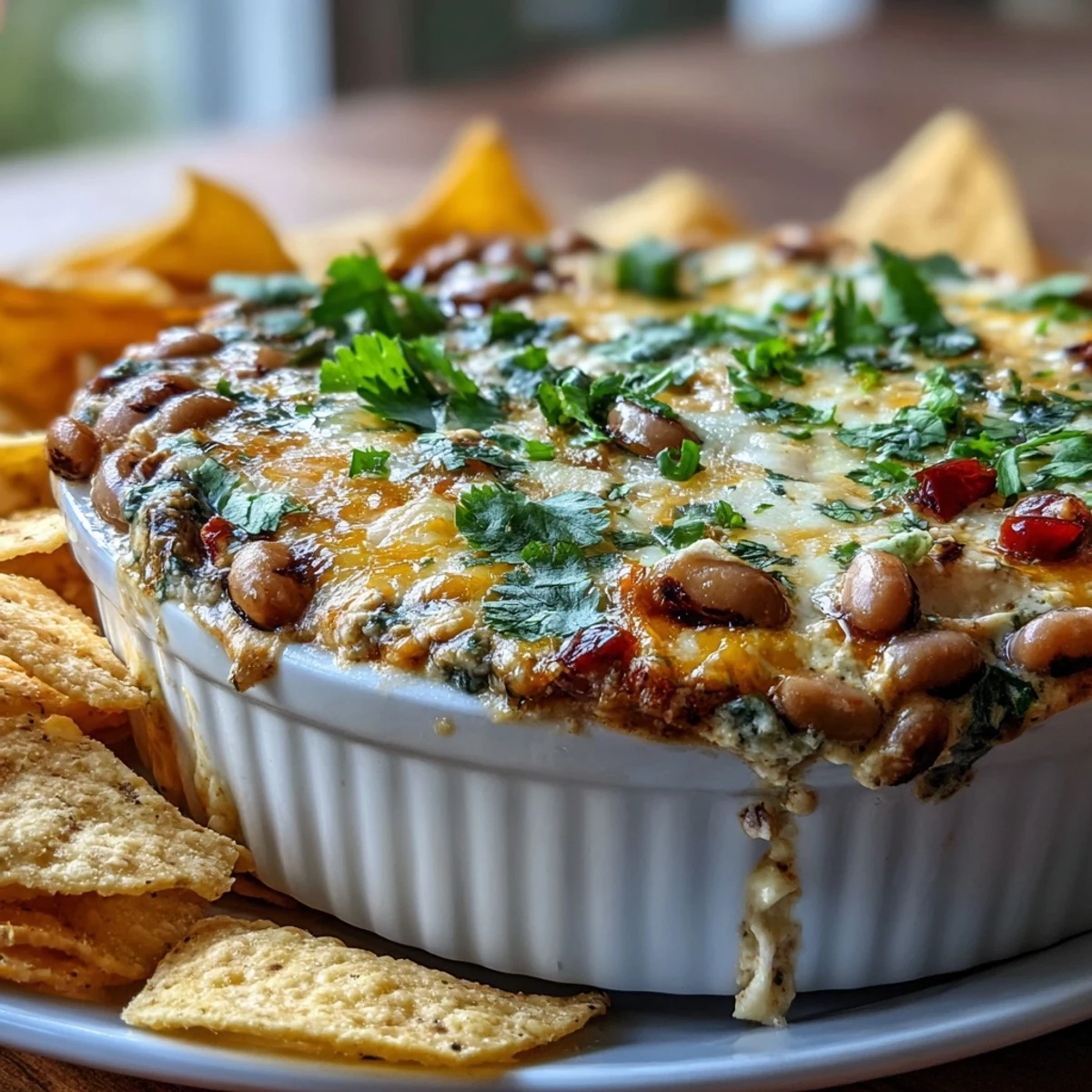 A bowl of hot Black-Eyed Pea Dip with jalapeño and cumin, baked until golden and bubbling.