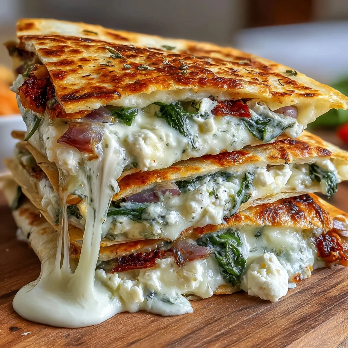 Melted mozzarella and crumbled feta peek out of crispy whole wheat tortillas stuffed with wilted spinach and red onion.