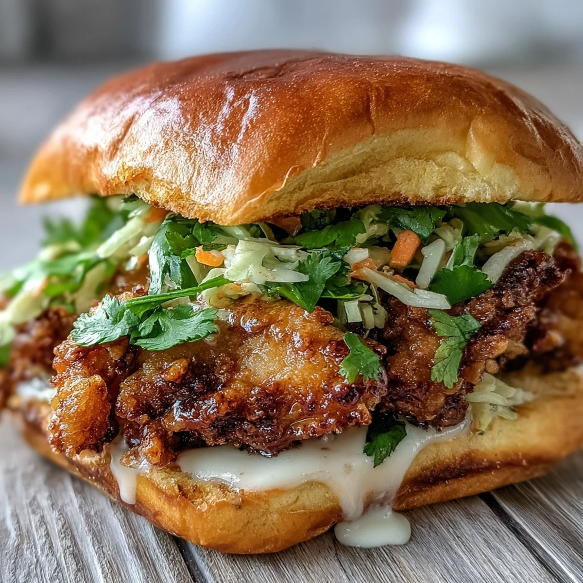 Golden Thai Fried Chicken Sandwich on a toasted brioche bun with spicy mayo drizzle.