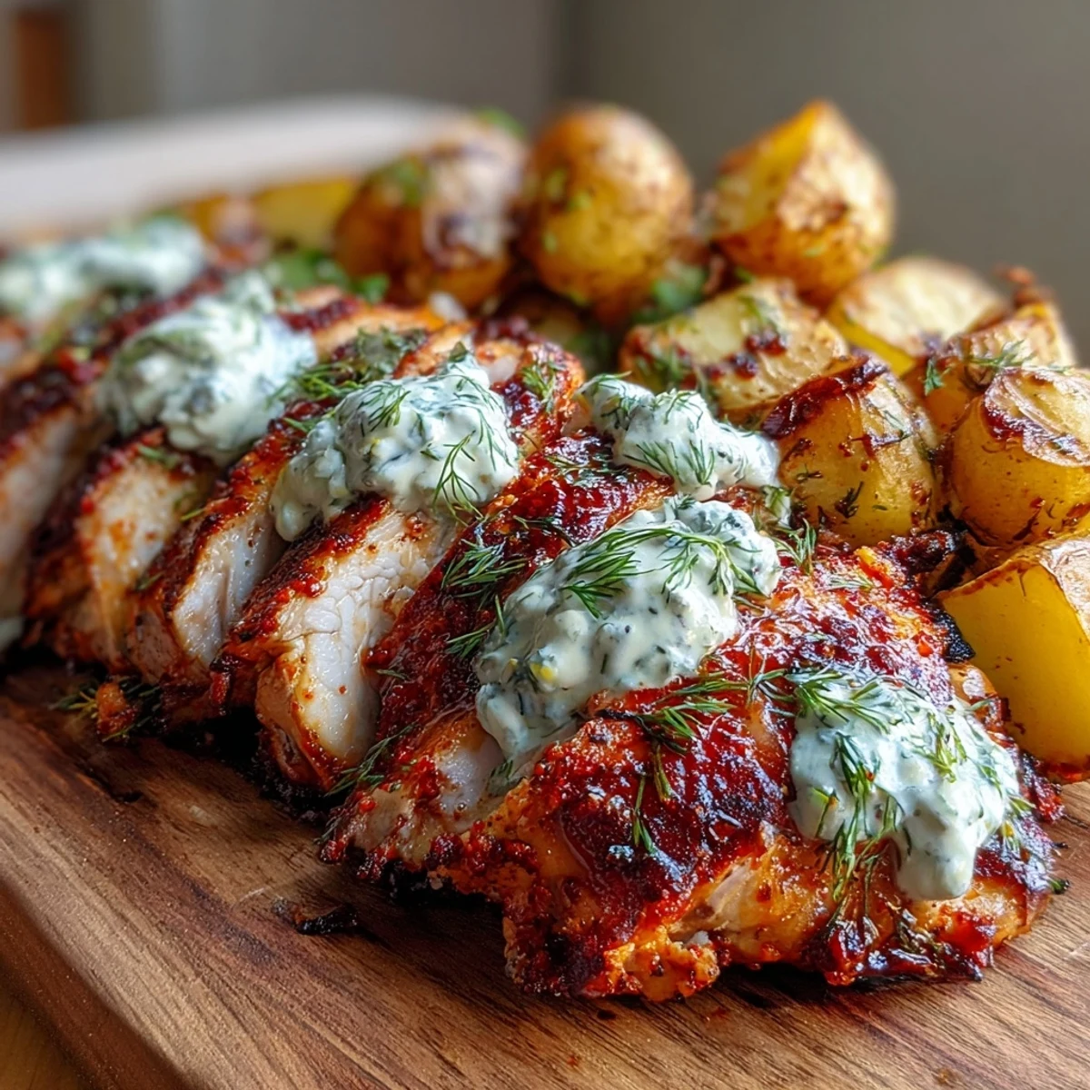 Juicy grilled Spicy Yogurt Marinated Chicken with Dill Feta Cream & Crispy Baby Potatoes topped with creamy sauce.