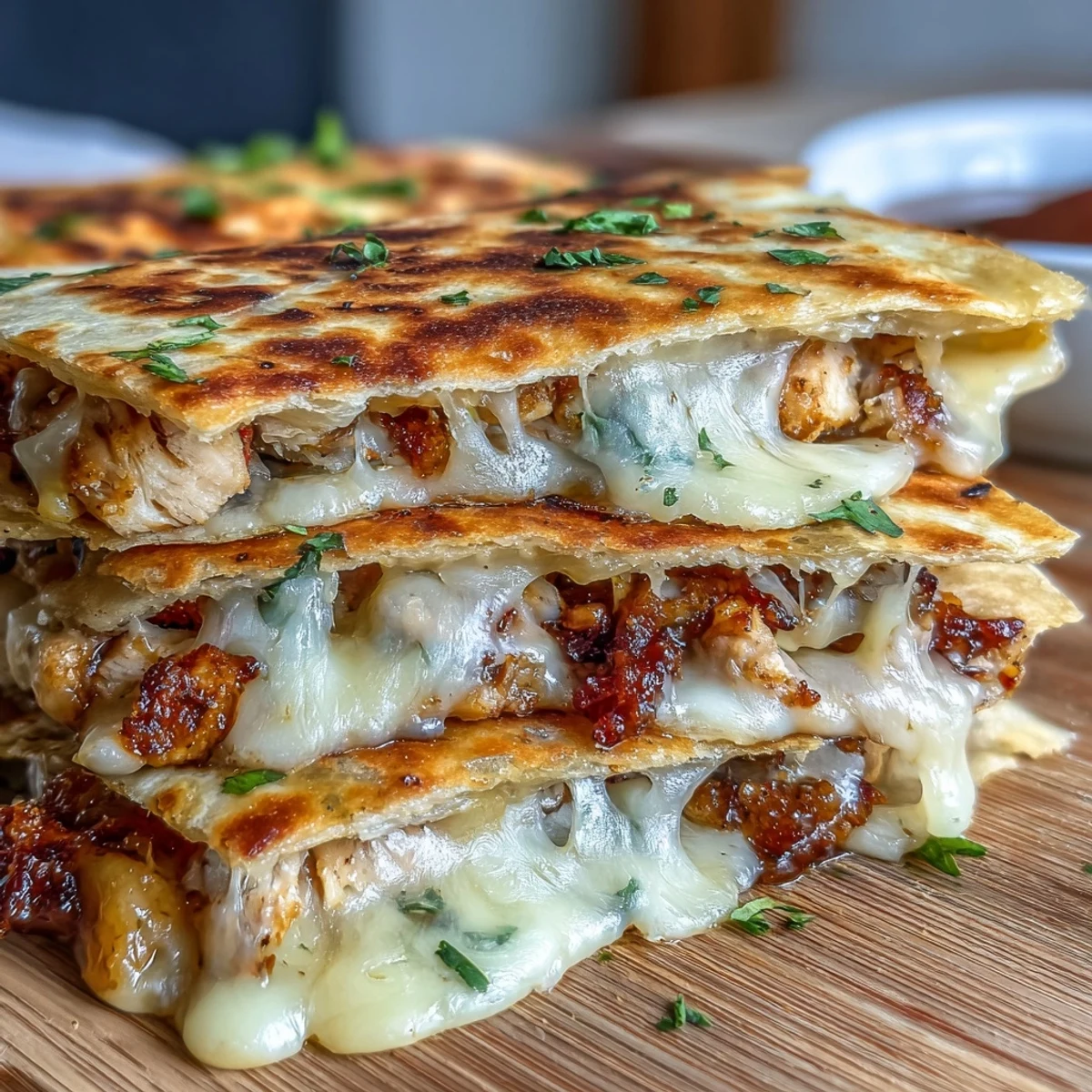 Golden brown flour tortilla quesadilla filled with melted cheddar and Monterey Jack, stuffed with spicy hot honey chicken, sliced on a white plate.