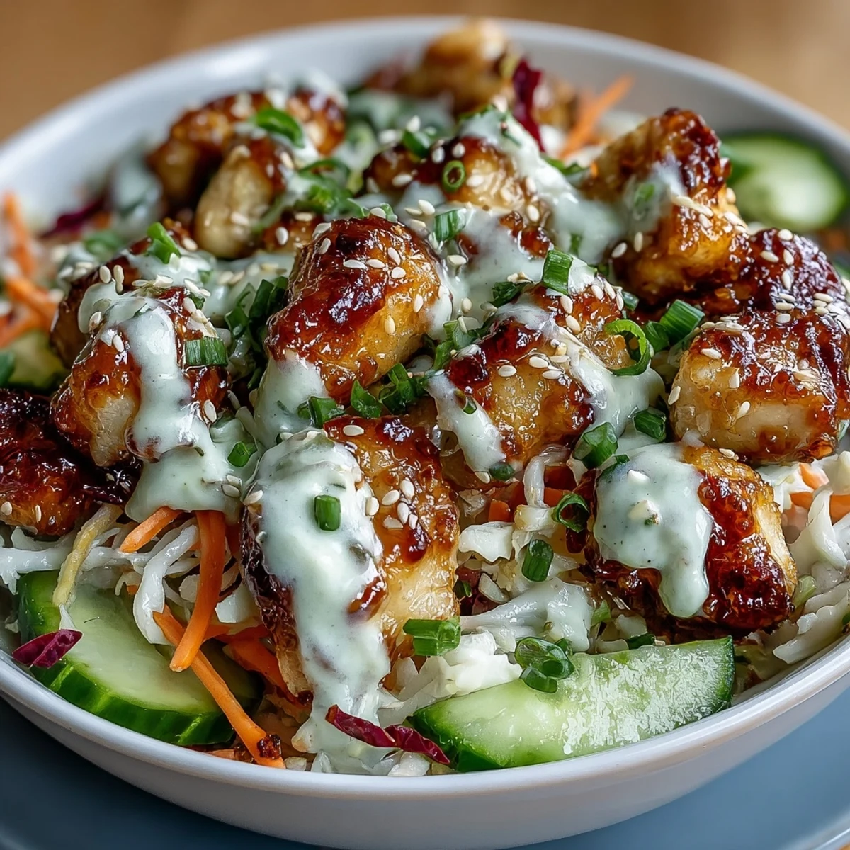 A close-up view of a vibrant Bang Bang Chicken Bowl featuring tender chicken, crunchy vegetables, and creamy sauce drizzled over white rice.