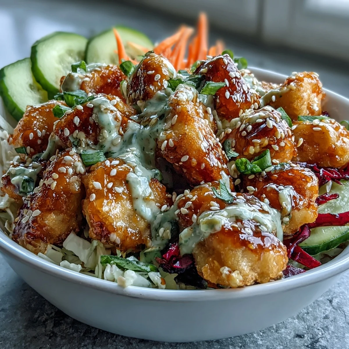 This wholesome Bang Bang Chicken Bowl showcases sliced cucumbers, shredded carrots, and red cabbage for a colorful and nutritious weeknight meal.