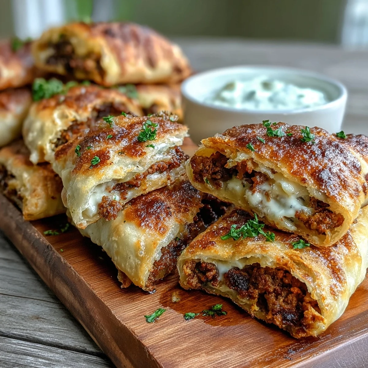 Crispy Lebanese Arayes served hot with creamy garlic yogurt sauce and lemons.