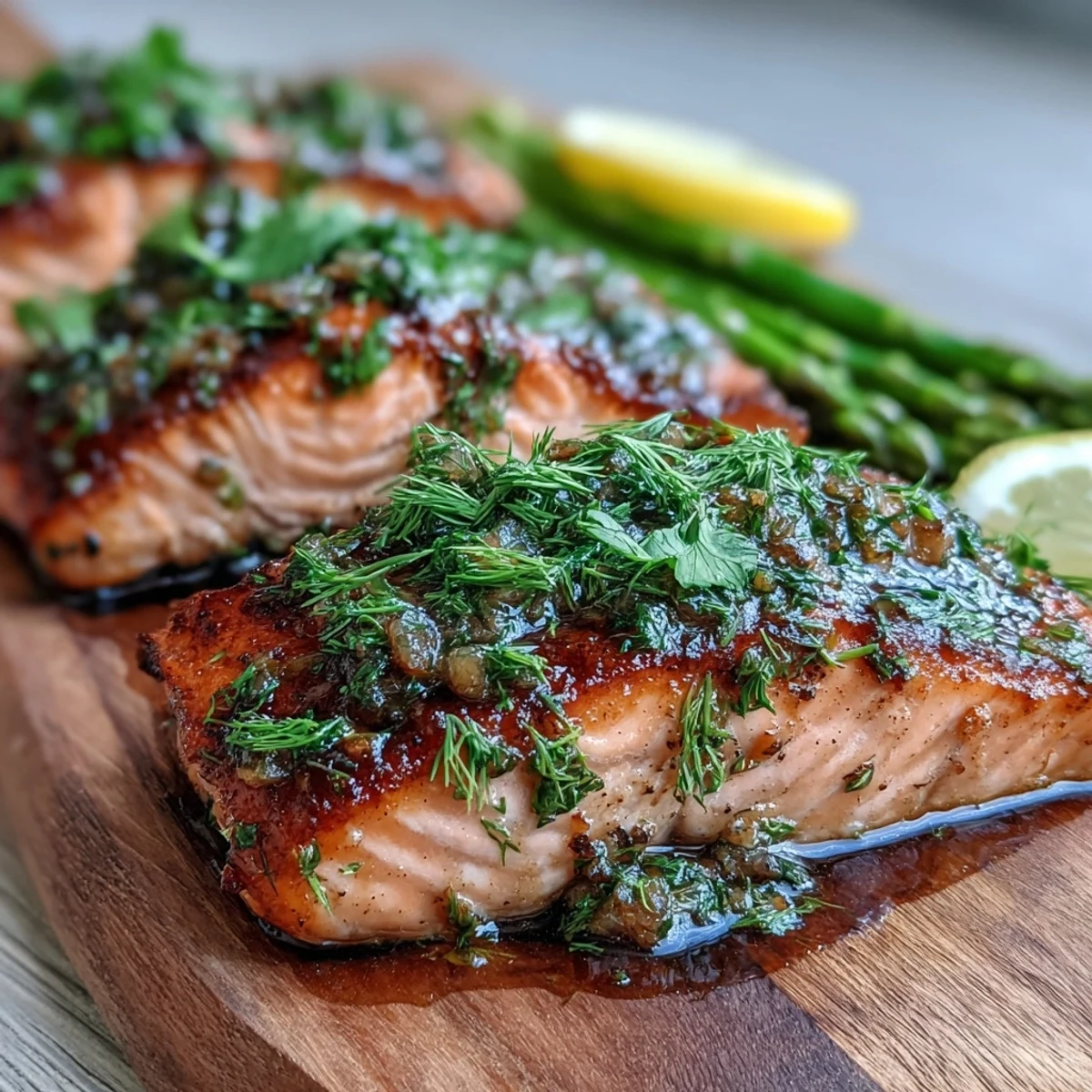 Perfectly baked Marry Me Salmon fillets with fresh dill and lemon slices, glistening with garlic-infused olive oil for a romantic dinner.