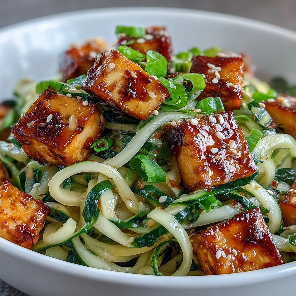 Spiralized cucumbers, wheat noodles, and tofu tossed in a creamy chili crisp dressing for a spicy, cool bite.