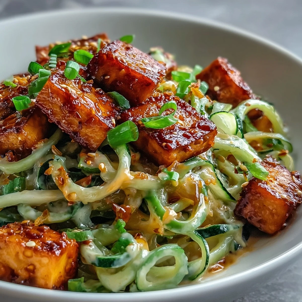 TikTok-Style Chili Crisp Cucumber Noodle Bowls topped with sesame seeds, scallions, and fresh lime wedges.