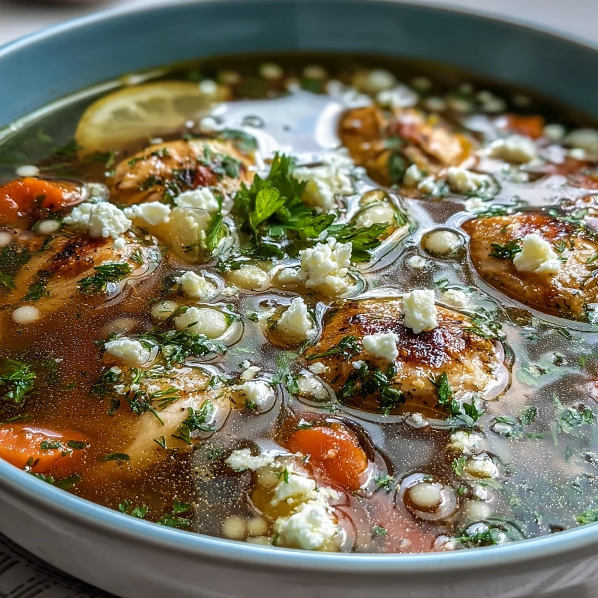 Steam rises from a serving of Greek Chicken & Pearl Couscous Soup, topped with crumbled feta cheese and fresh dill.