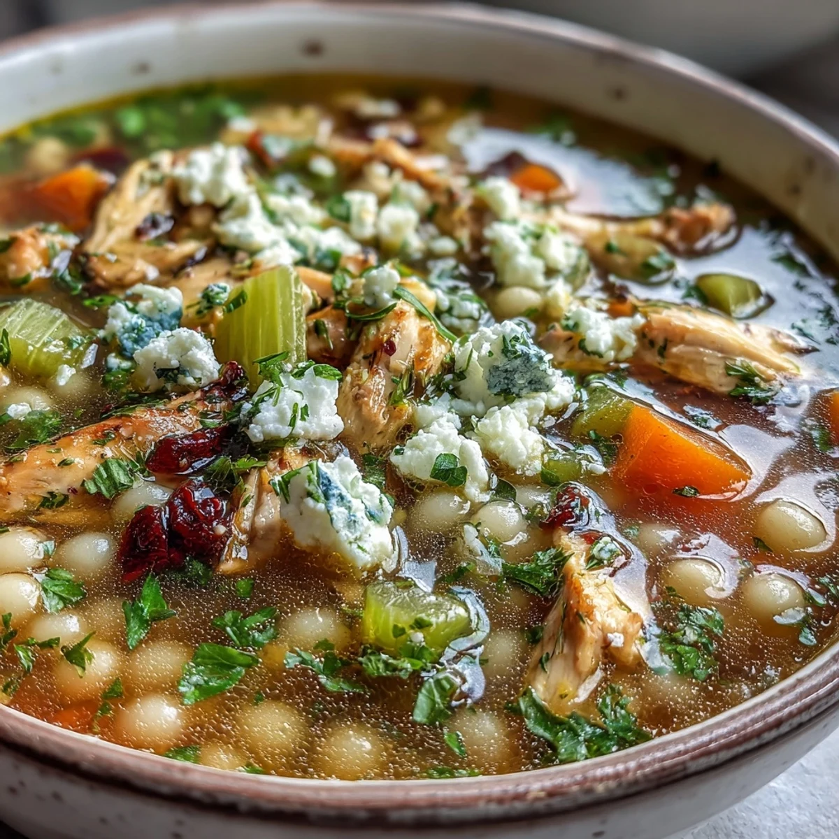 A close-up of Greek Chicken & Pearl Couscous Soup in a white bowl, showcasing tender chicken, vegetables, and lemon zest garnish.