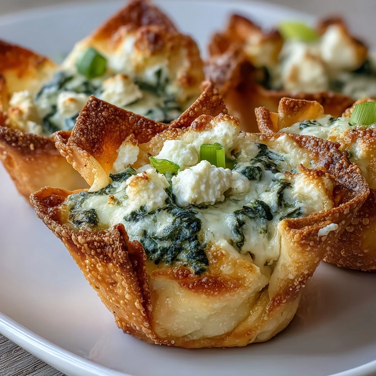 Freshly baked Crispy Spinach Feta Wonton Cups steam on a rustic wooden board.