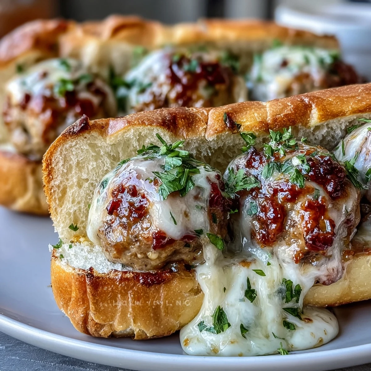 Golden toasted hoagie rolls overflowing with baked turkey meatballs smothered in a creamy garlic Parmesan sauce and melted mozzarella.