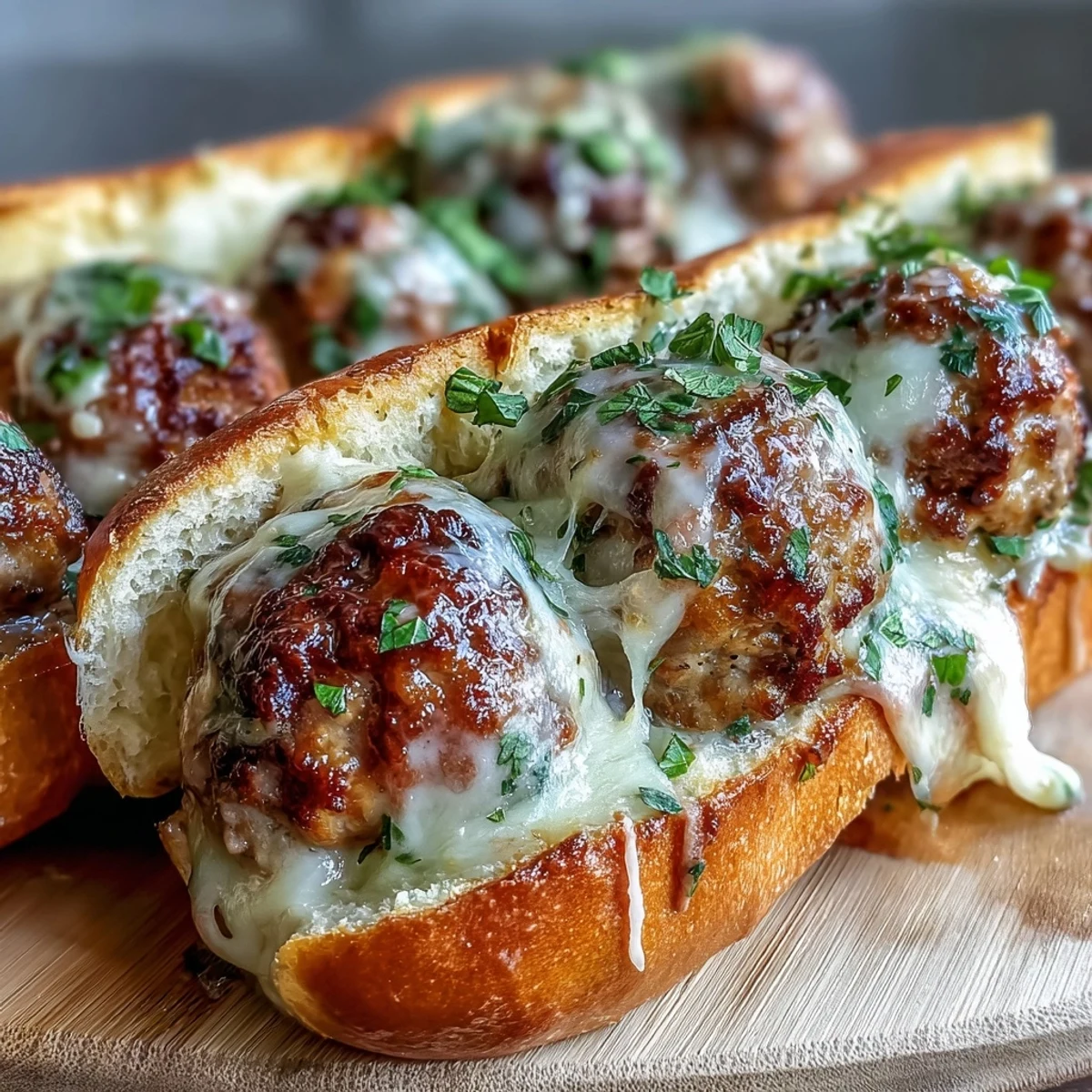 Two warm Garlic Parmesan Turkey Meatball Subs sit on a wooden board with fresh parsley garnish.