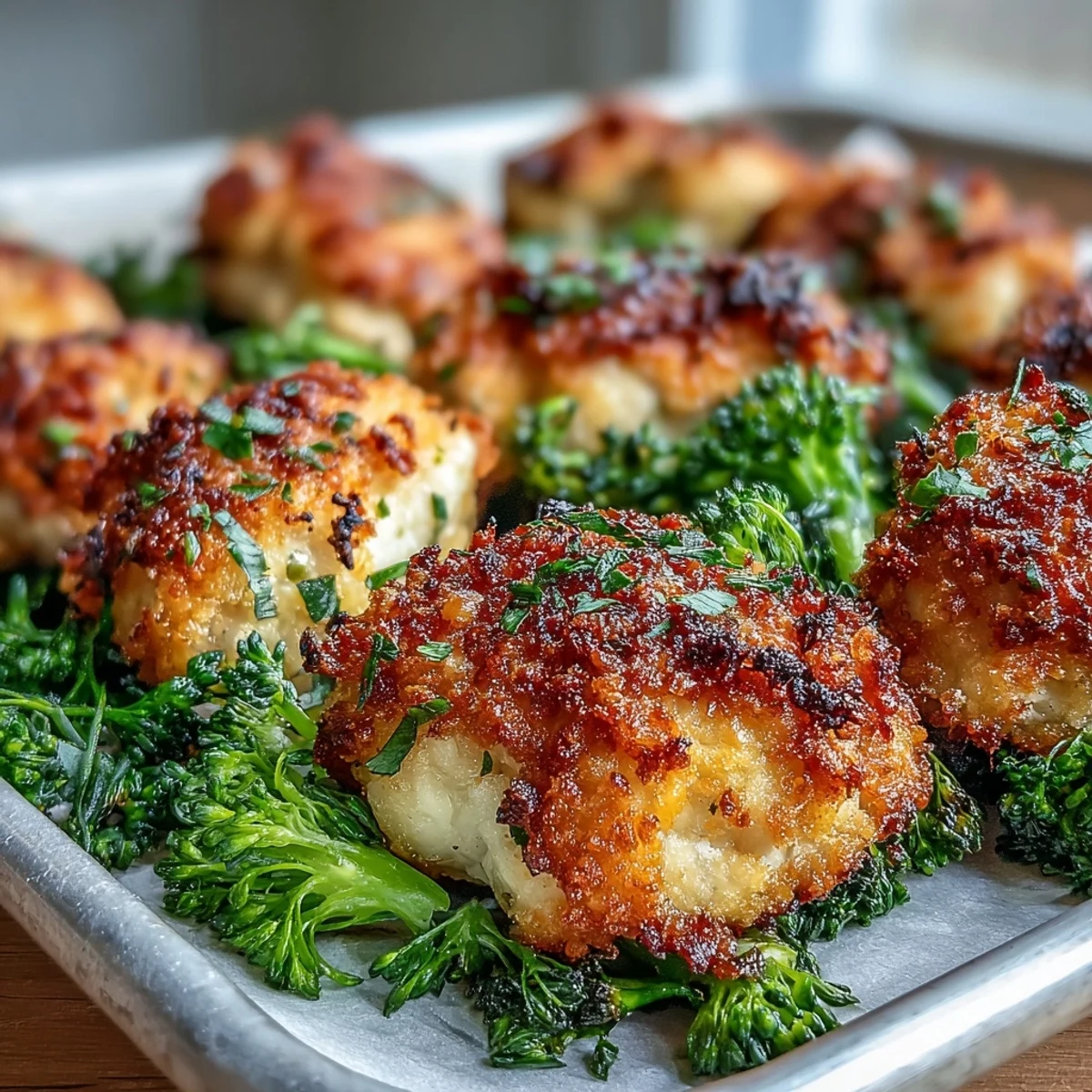 Crispy Parmesan Broccoli & Chicken Trays with lemon wedges and fresh parsley, served hot for an easy meal.