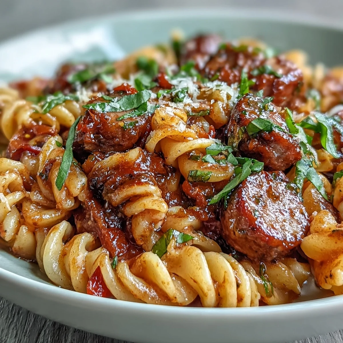 One-pot creamy red wine sausage pasta in a skillet, garnished with fresh basil and melted Parmesan.