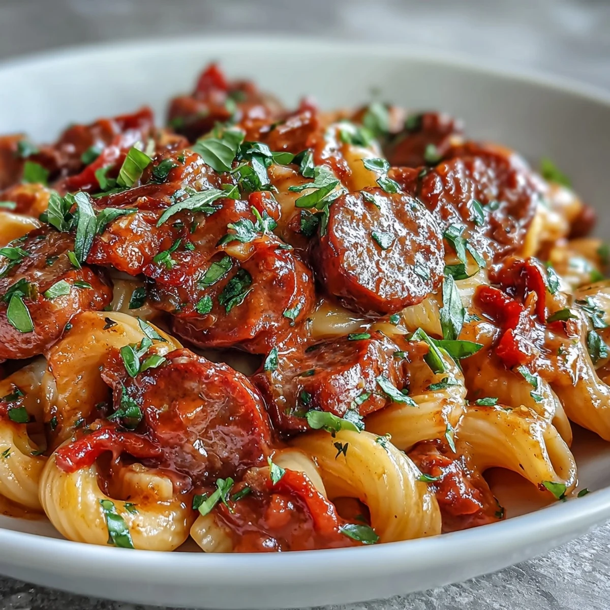 Spoon lifting a serving of one-pot creamy red wine sausage pasta, showcasing the rich sauce.