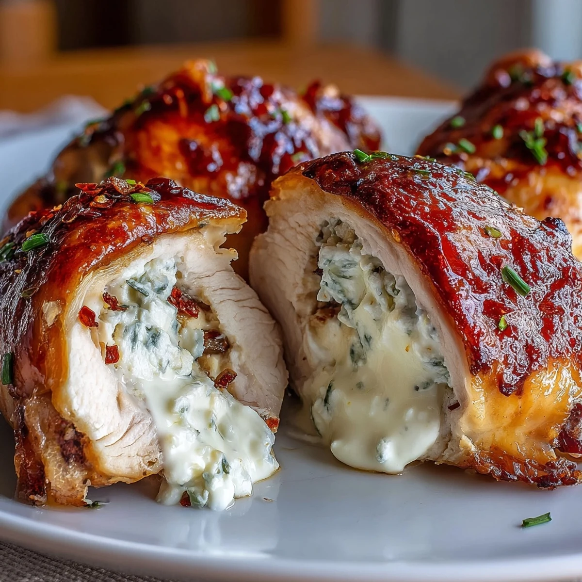 Juicy, oven-baked Hot Honey Ricotta Stuffed Chicken breasts reveal a creamy, melty ricotta and herb filling when sliced open.
