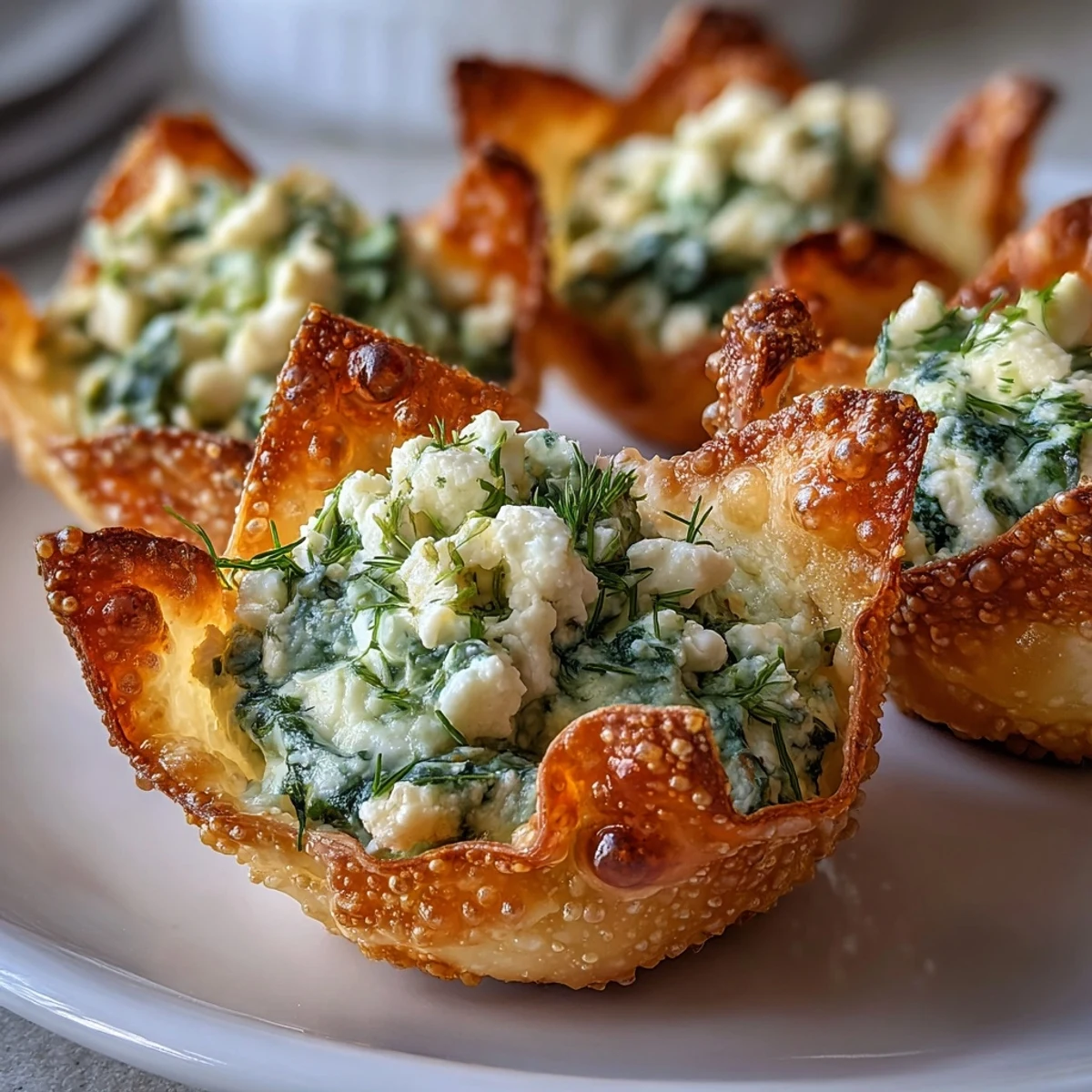 Golden, crispy baked wonton cups filled with creamy spinach and feta mixture on a white plate, garnished with fresh dill.